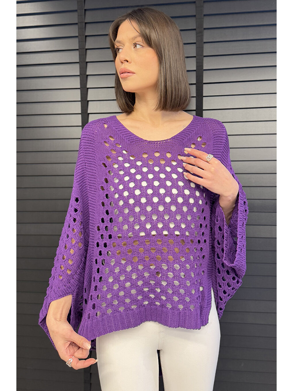 Mor Ajurlu Kadın Triko Bluz-1