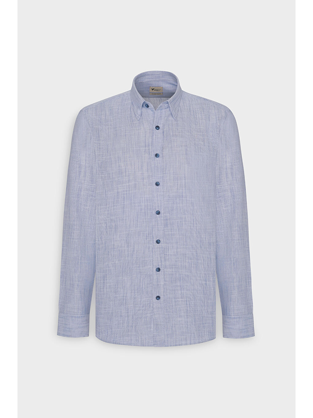 Erkek Mavi Slim Fit Dar Kesim Gizli Düğmeli Yaka Keten Görünümlü %100 Pamuk Flamlı Gömlek-6