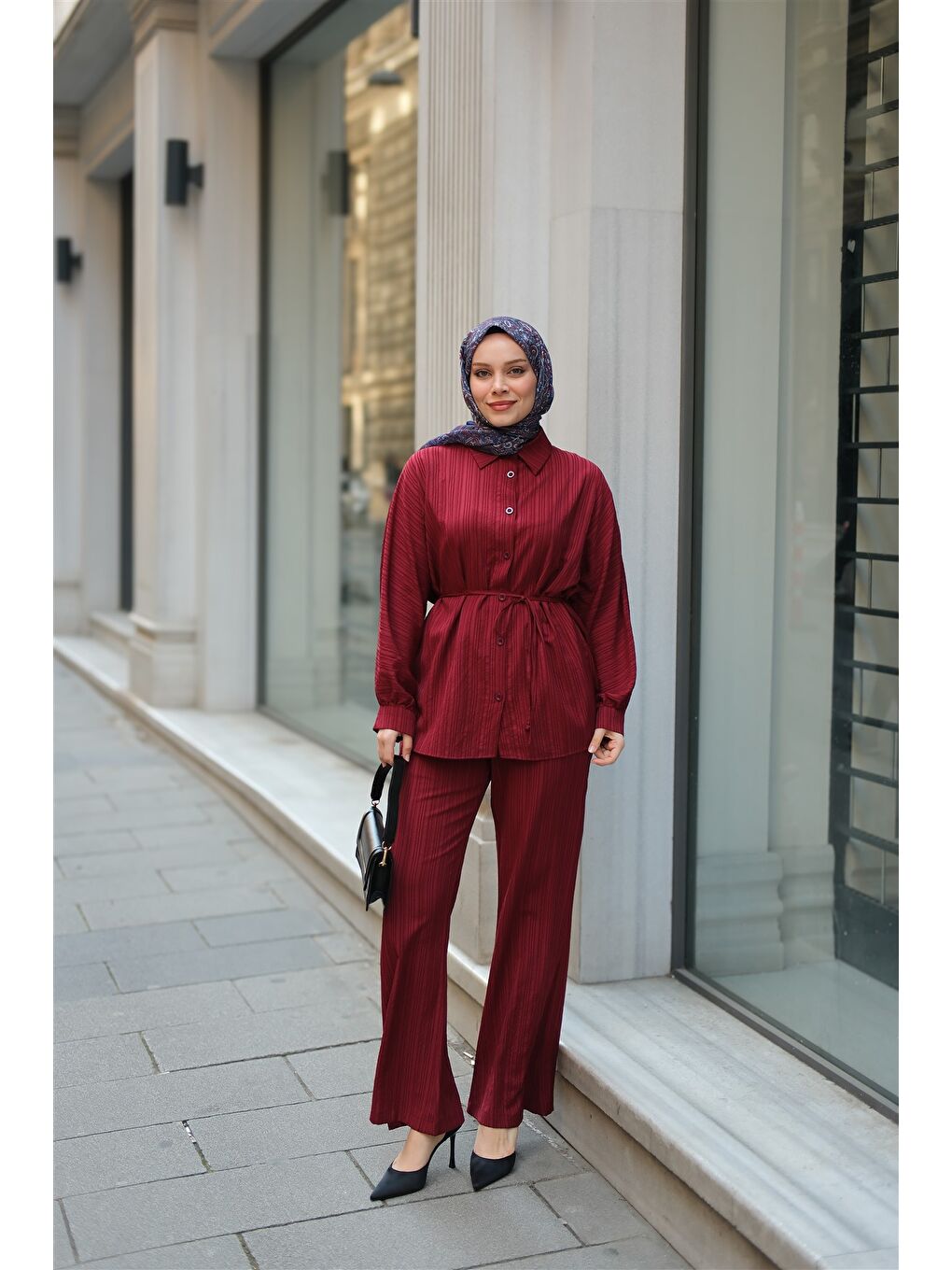 Kadın Krinkıl Kumaş Bel Bağlamalı Takım Bordo-1