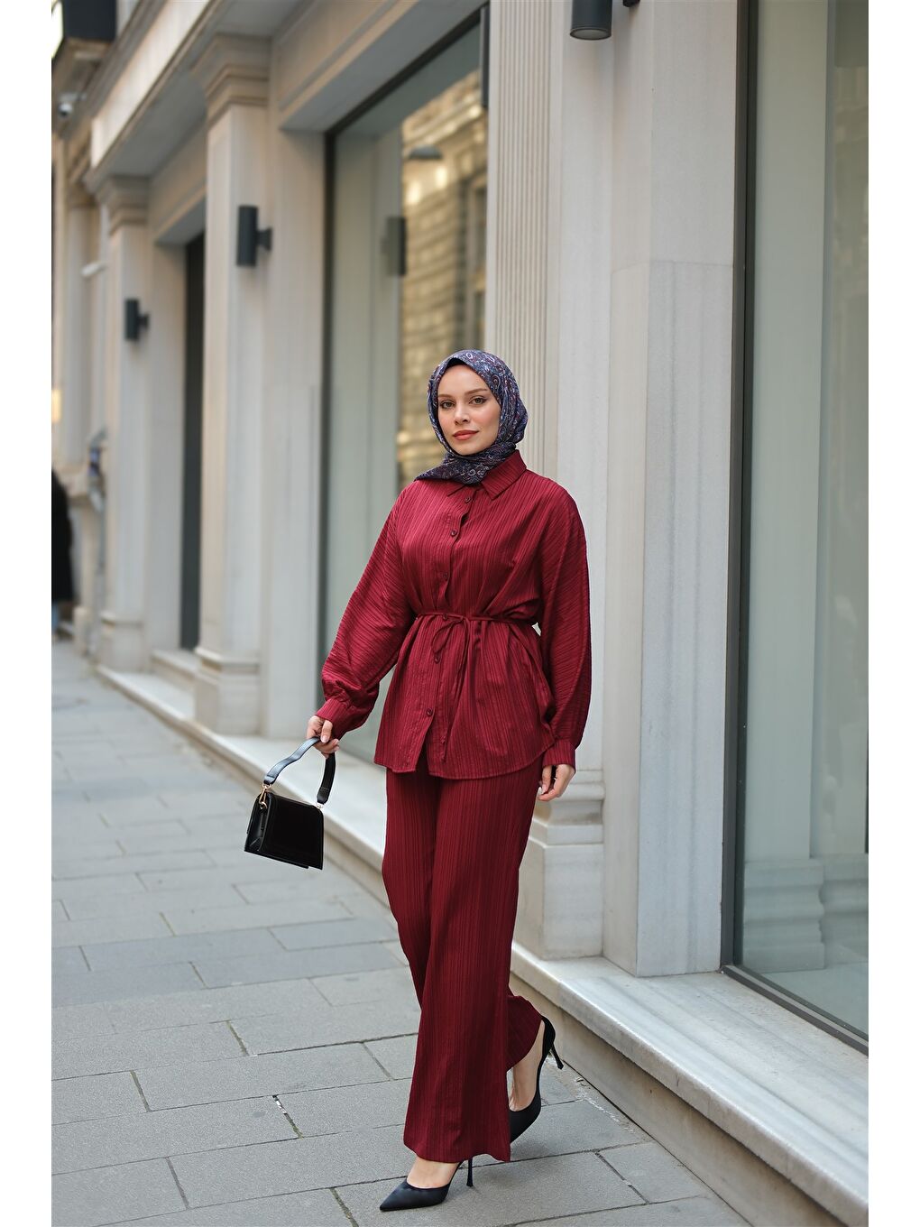 Kadın Krinkıl Kumaş Bel Bağlamalı Takım Bordo-2