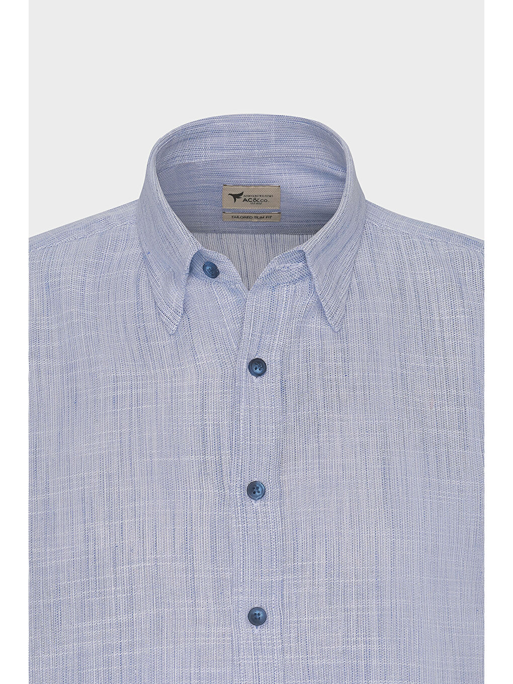 Erkek Mavi Slim Fit Dar Kesim Gizli Düğmeli Yaka Keten Görünümlü %100 Pamuk Flamlı Gömlek-7