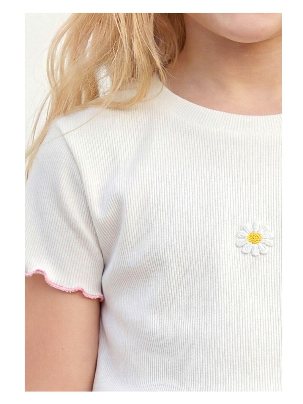 Pembe Kız Çocuk Pamuklu Papatya Desenli Tişört Etek Takım-2