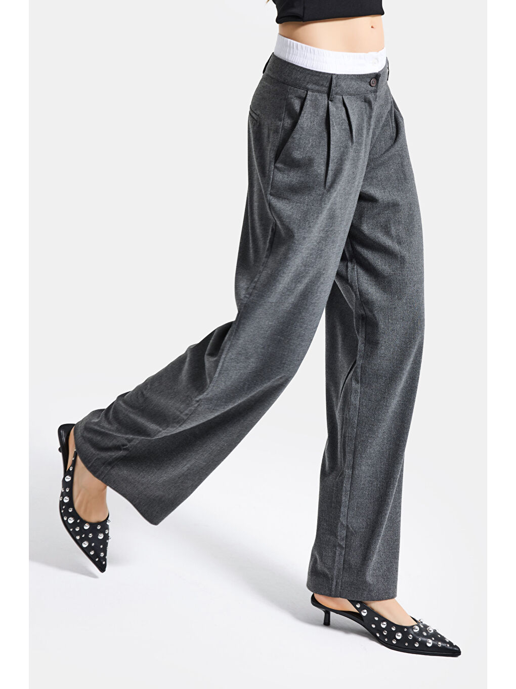 Kadın Antrasit s6 Palazzo Fit Boxer Kemer Detaylı Poliviskon Kumaş Pantolon-7