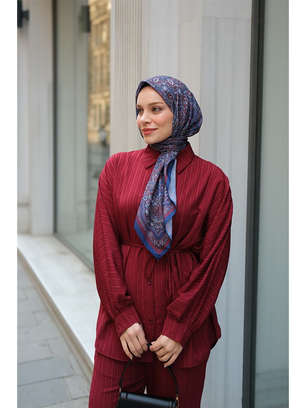 Kadın Krinkıl Kumaş Bel Bağlamalı Takım Bordo-3