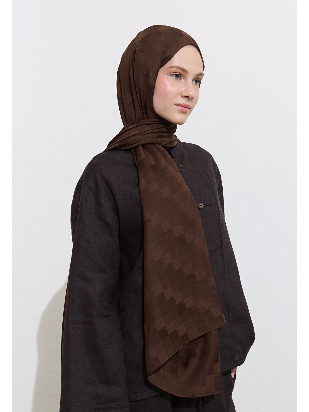 Kahverengi Nori İpek Jakar Şal Çikolata Kahve-3