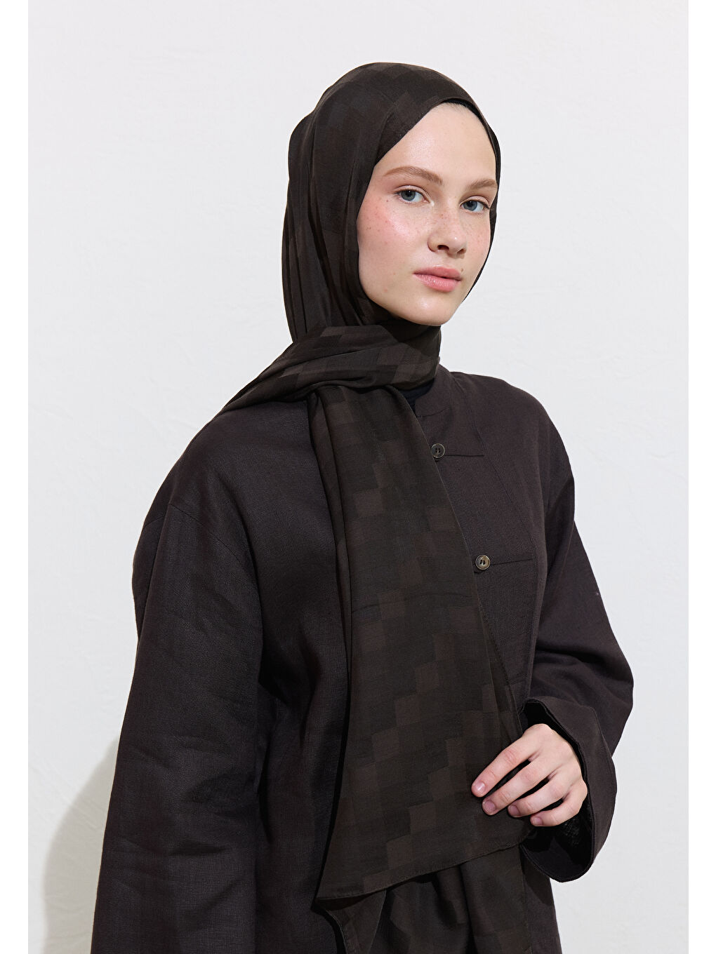 Kahverengi Nori İpek Jakar Şal Acı Kahve