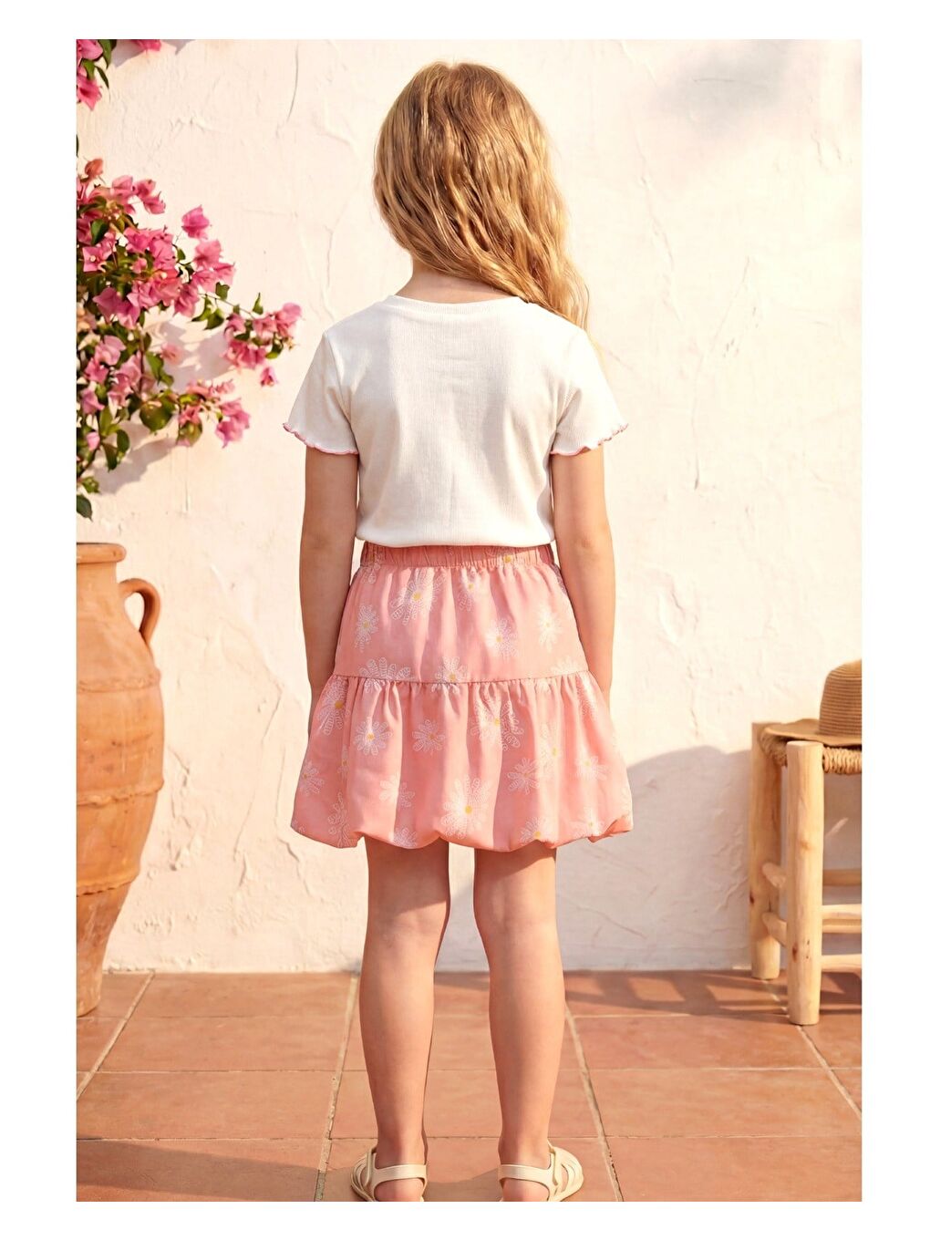 Pembe Kız Çocuk Pamuklu Papatya Desenli Tişört Etek Takım-4