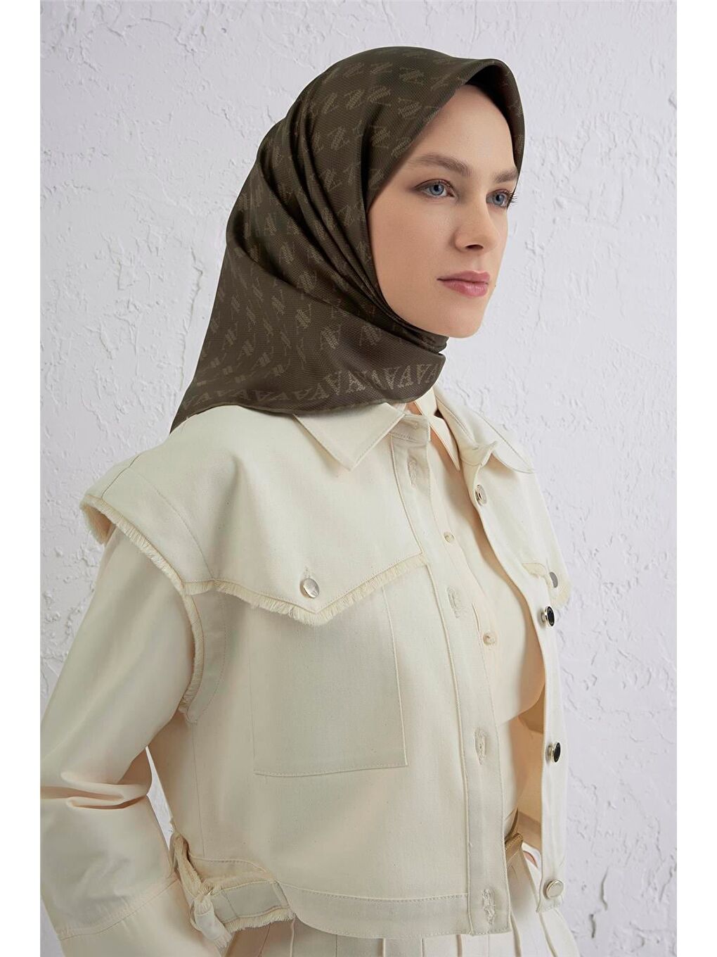 Haki Monogram Desenli Saf İpek Twill Eşarp 9412D 83