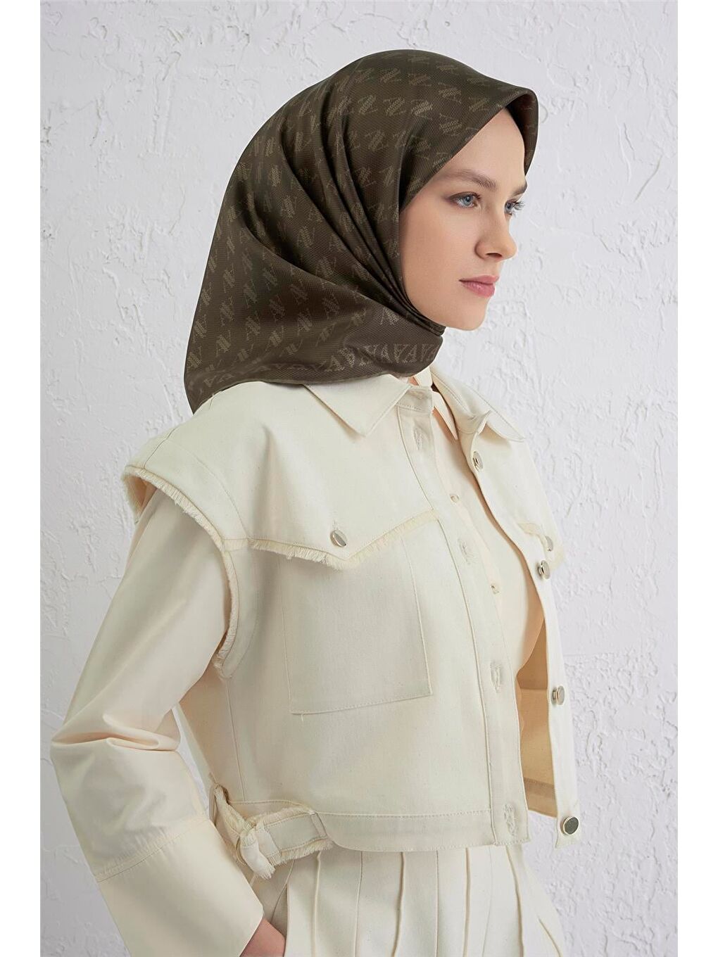 Haki Monogram Desenli Saf İpek Twill Eşarp 9412D 83-1