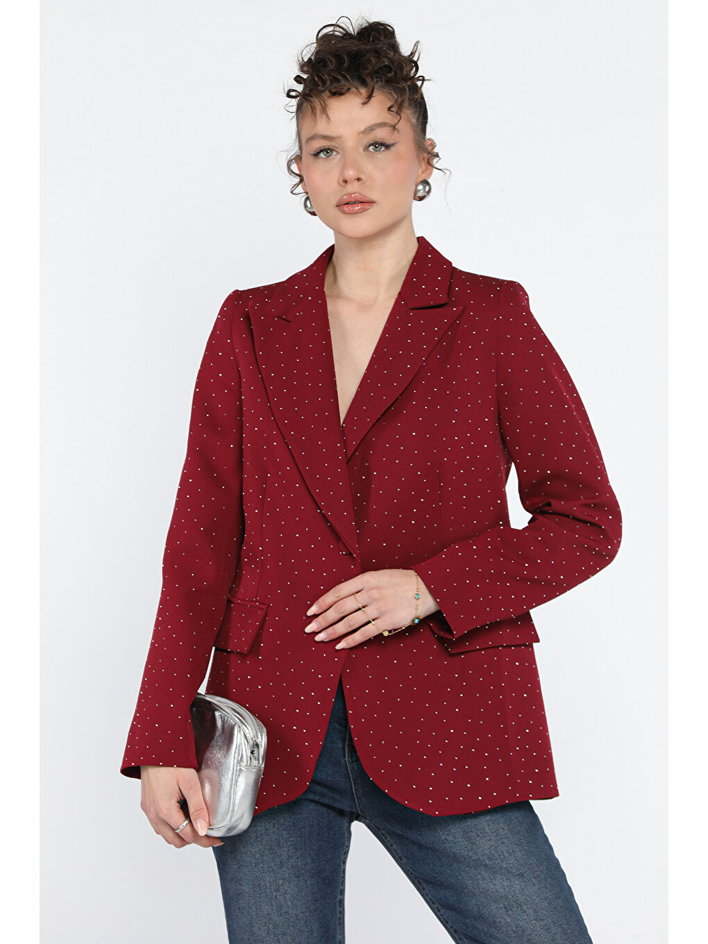 Bordo Taş Detaylı Kadın Tarz Blazer Ceket