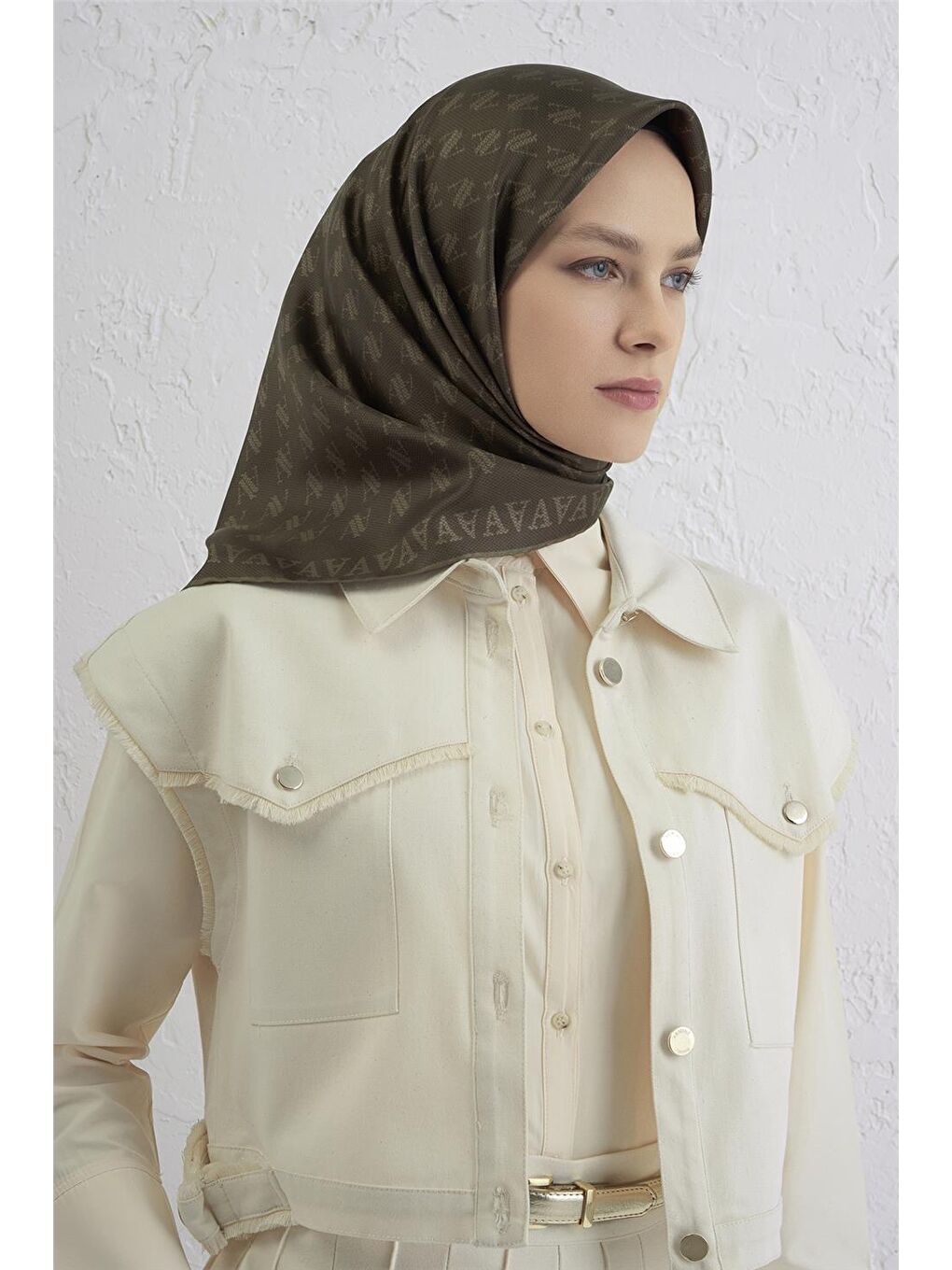 Haki Monogram Desenli Saf İpek Twill Eşarp 9412D 83-2