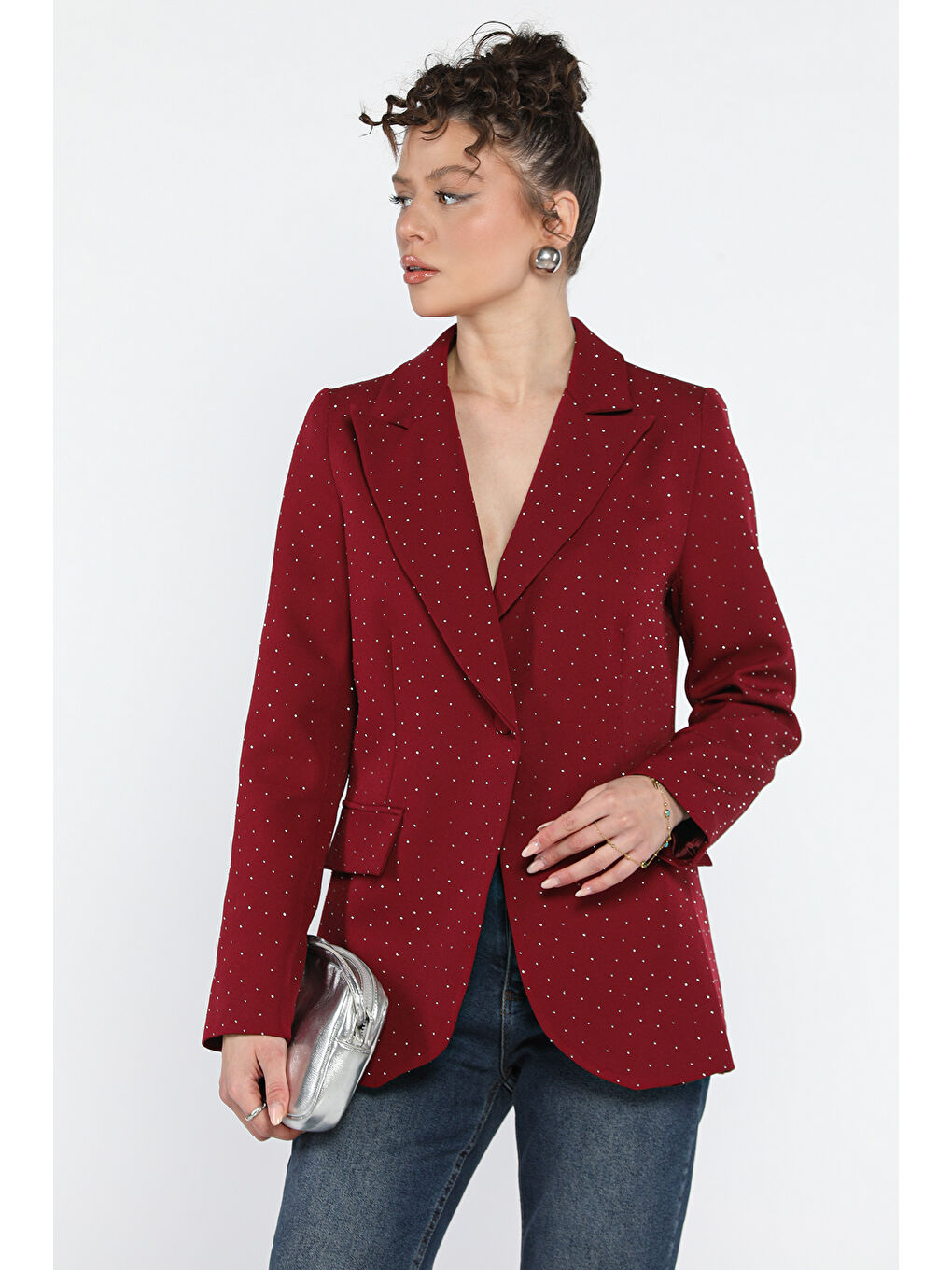 Bordo Taş Detaylı Kadın Tarz Blazer Ceket-1