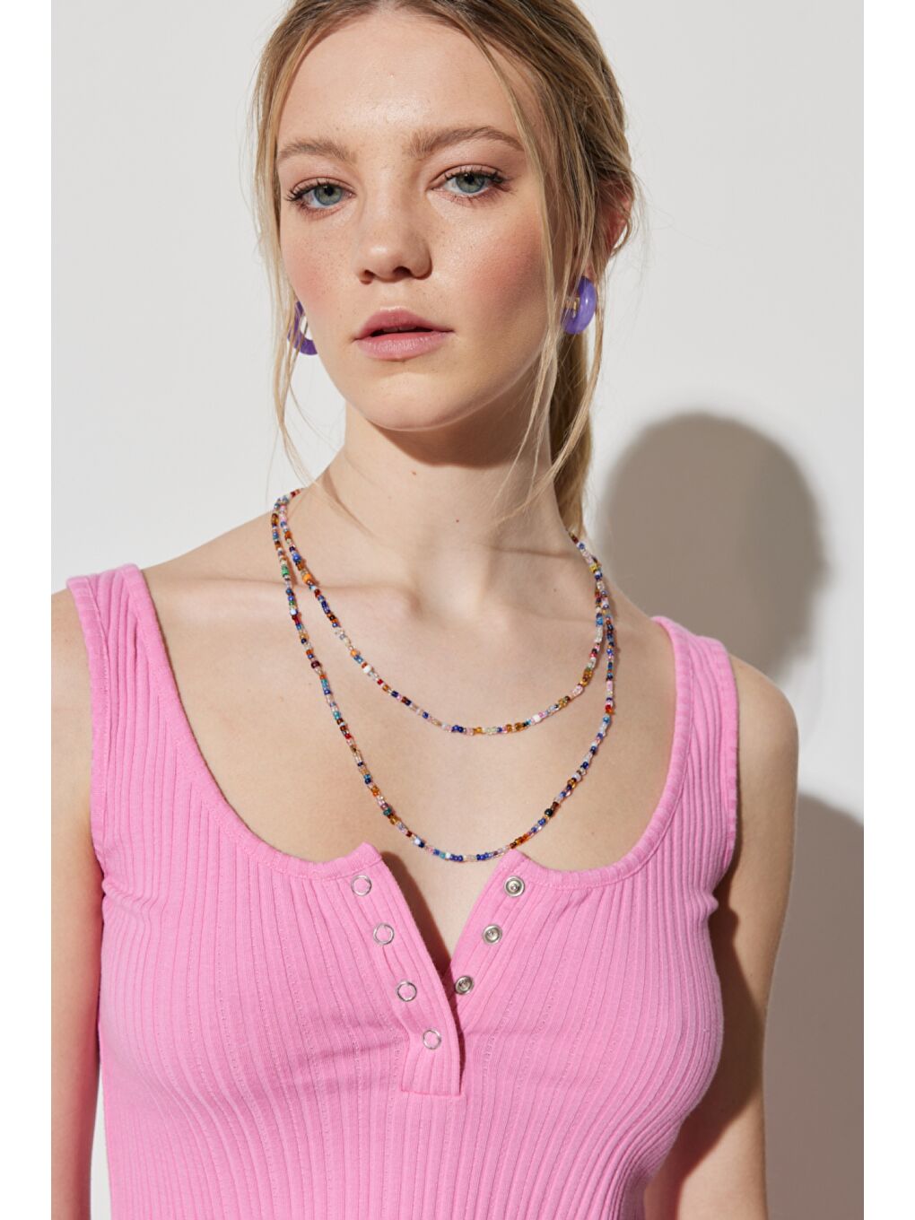 Regular Fit %100 Pamuk Bisiklet Yaka Kolsuz Pembe Crop Bluz-2