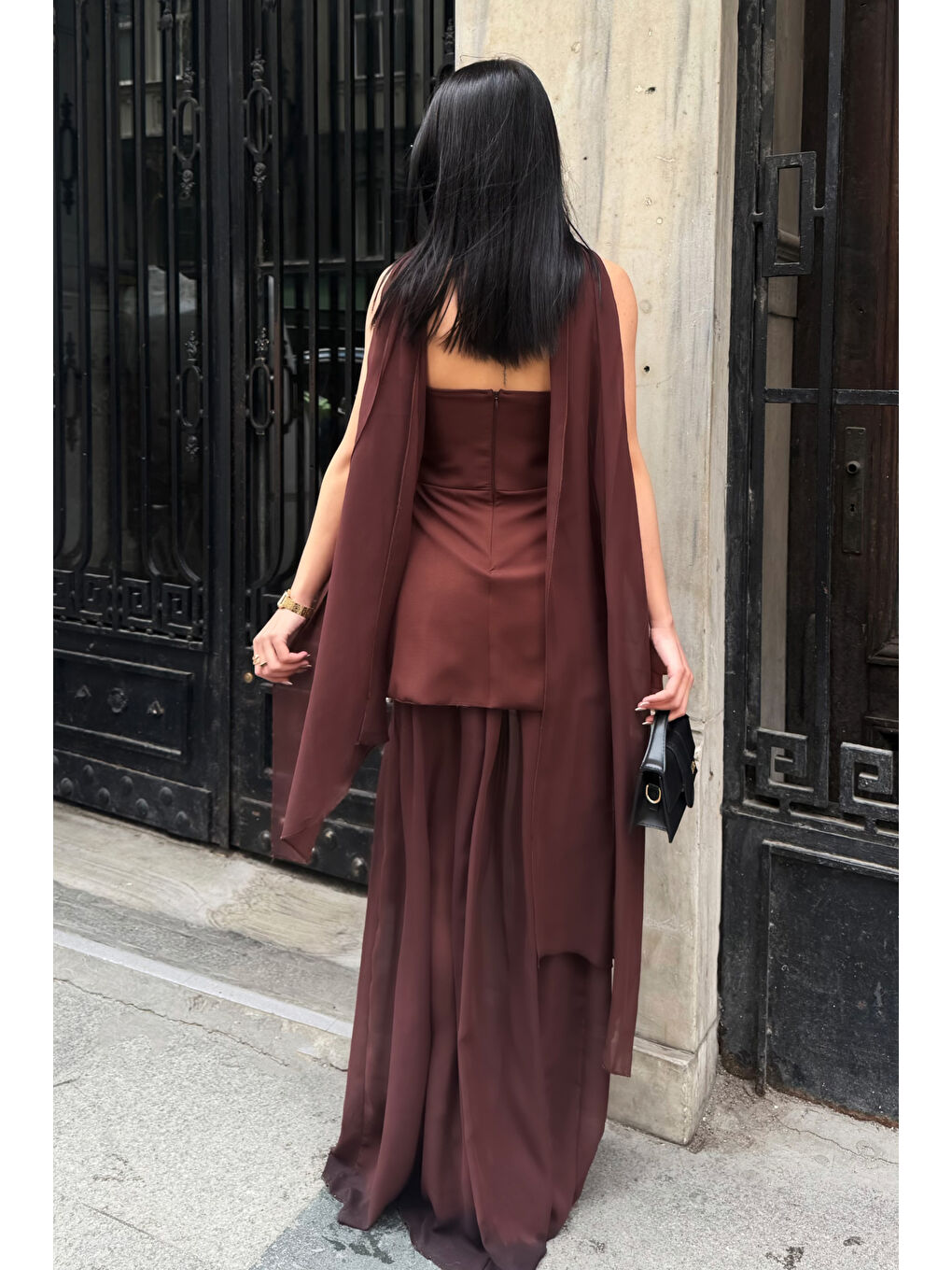 Kadın Kahverengi Straplez Şal Yaka Mini Elbise-5