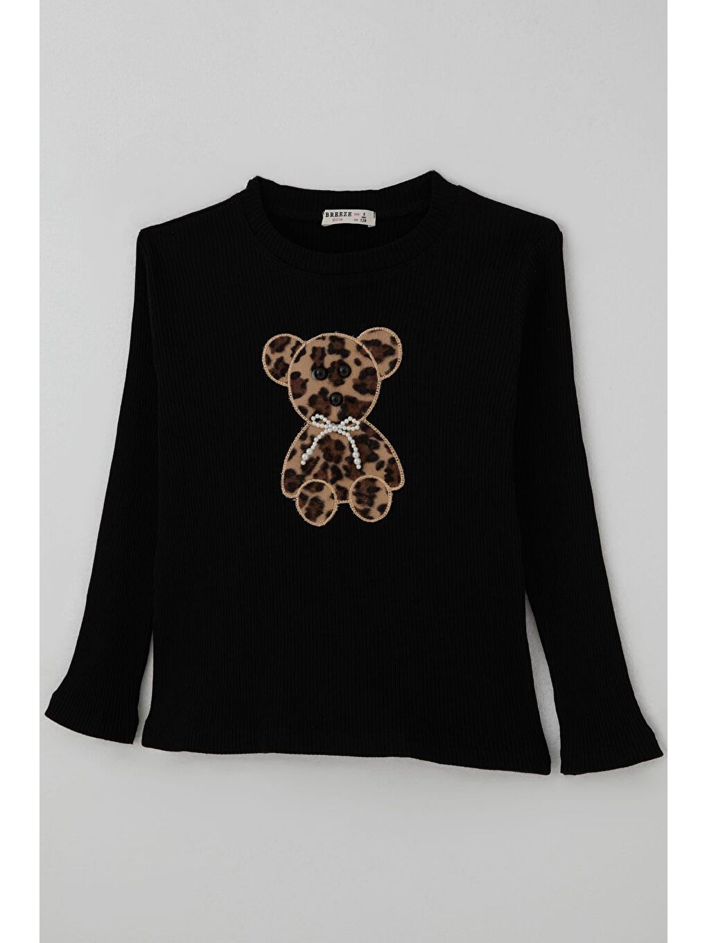Kız Çocuk Uzun Kollu Tişört İncili Aplike Leopar Ayıcık Nakışlı Siyah (5-10 Yaş)-3