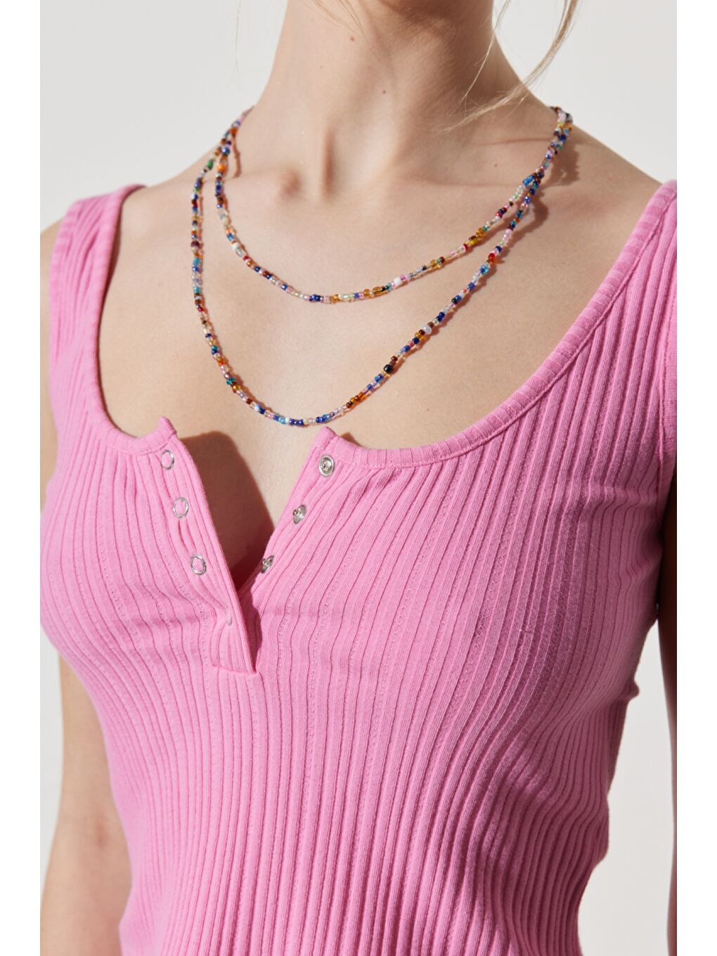 Regular Fit %100 Pamuk Bisiklet Yaka Kolsuz Pembe Crop Bluz-3