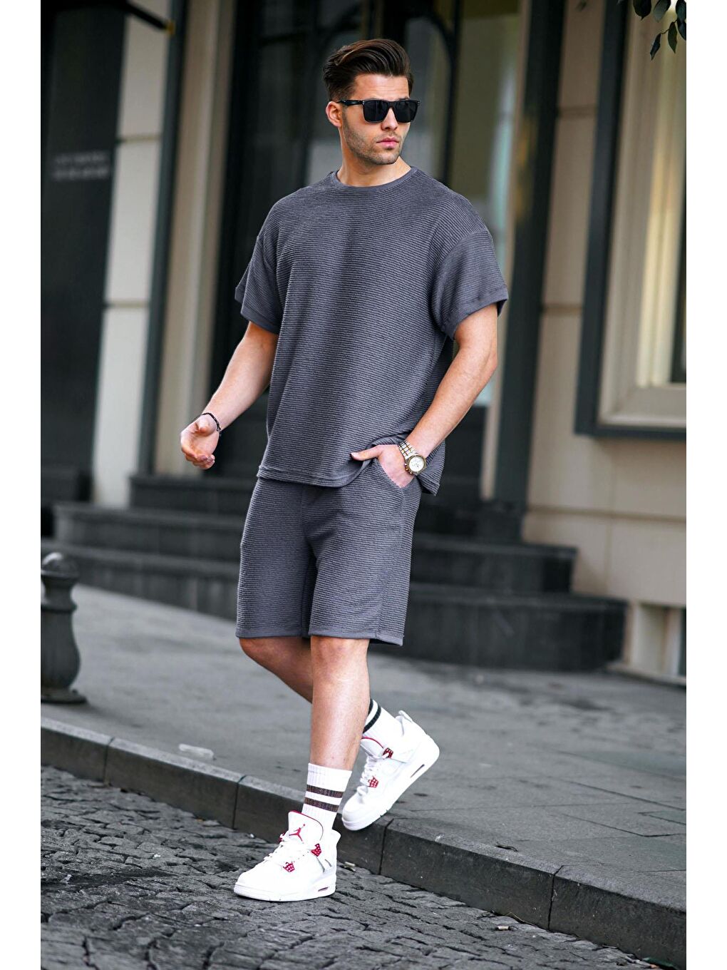 Gri Füme Basic Erkek Şort Takımı 5943