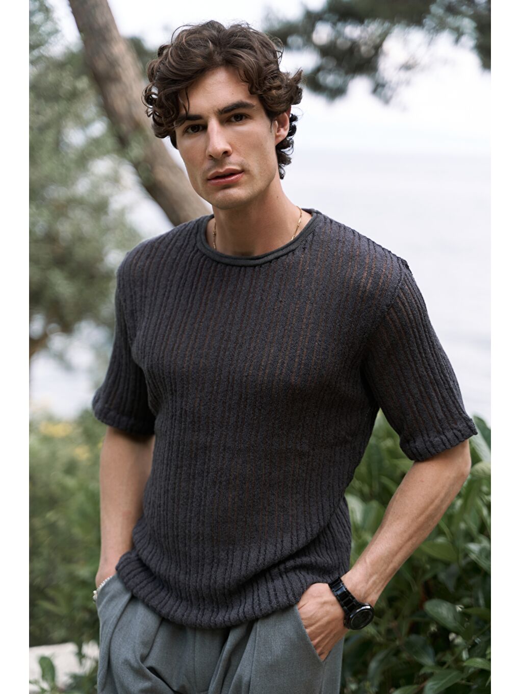 Gri Joseph Erkek Yuvarlak Yaka Füme Triko T-Shirt-2