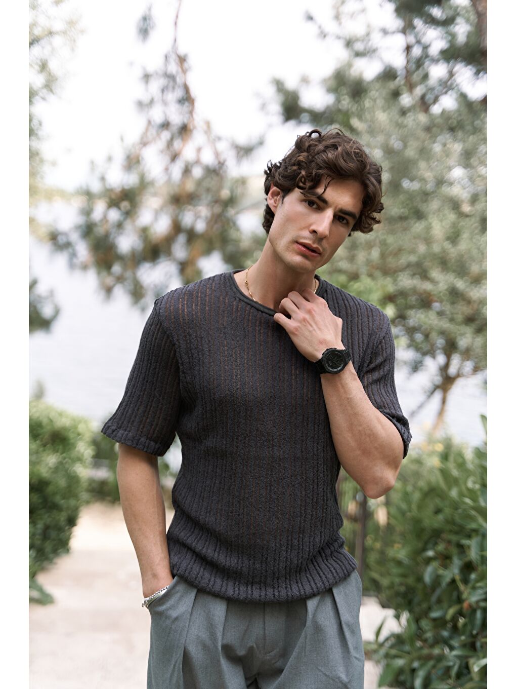 Gri Joseph Erkek Yuvarlak Yaka Füme Triko T-Shirt-3