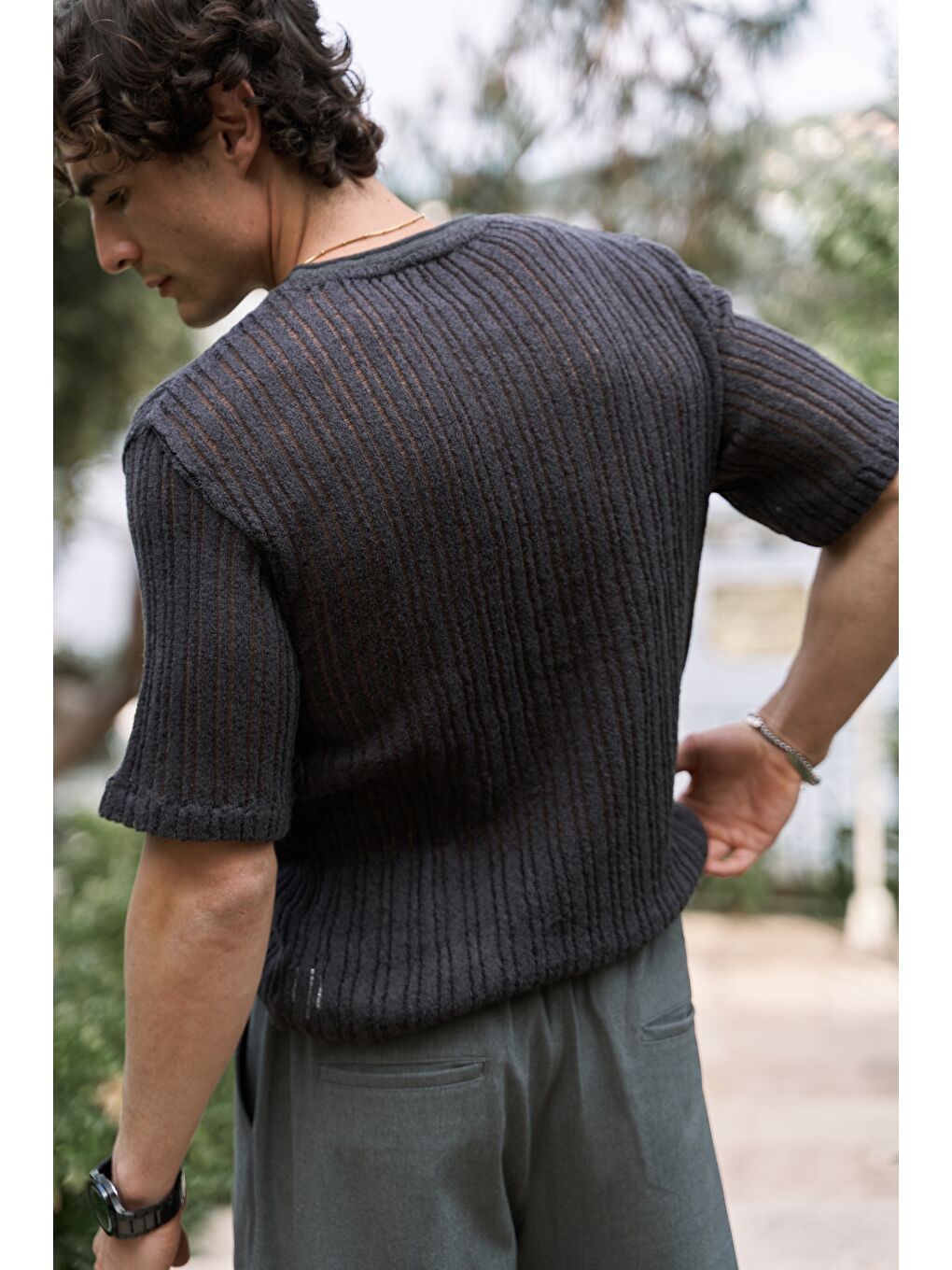 Gri Joseph Erkek Yuvarlak Yaka Füme Triko T-Shirt-4