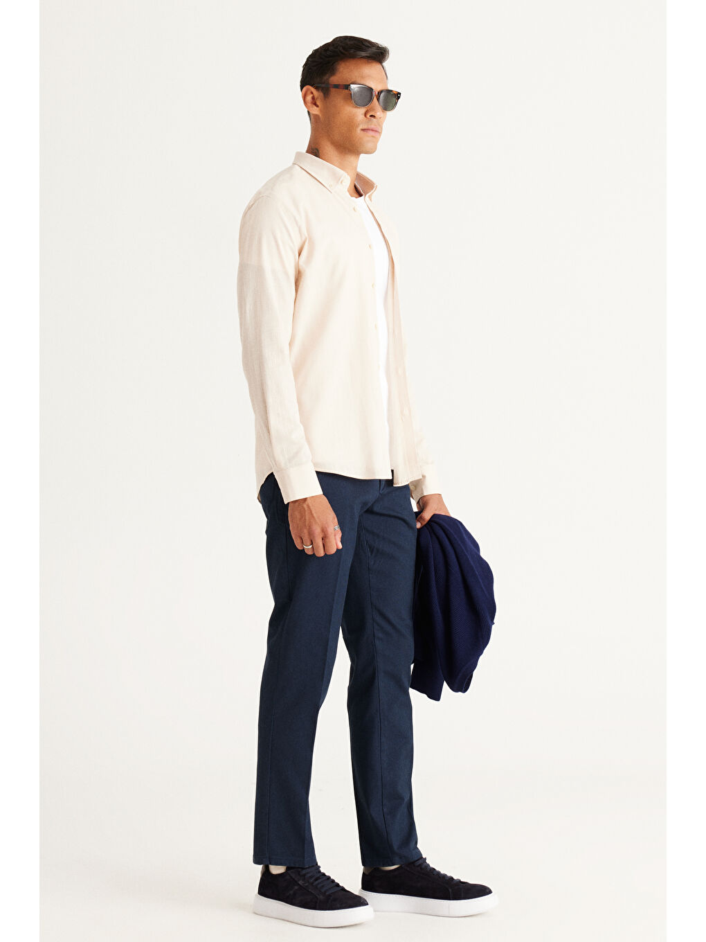 Erkek Lacivert Comfort Fit Rahat Kesim Yan Cep Esnek Armürlü Pantolon-3