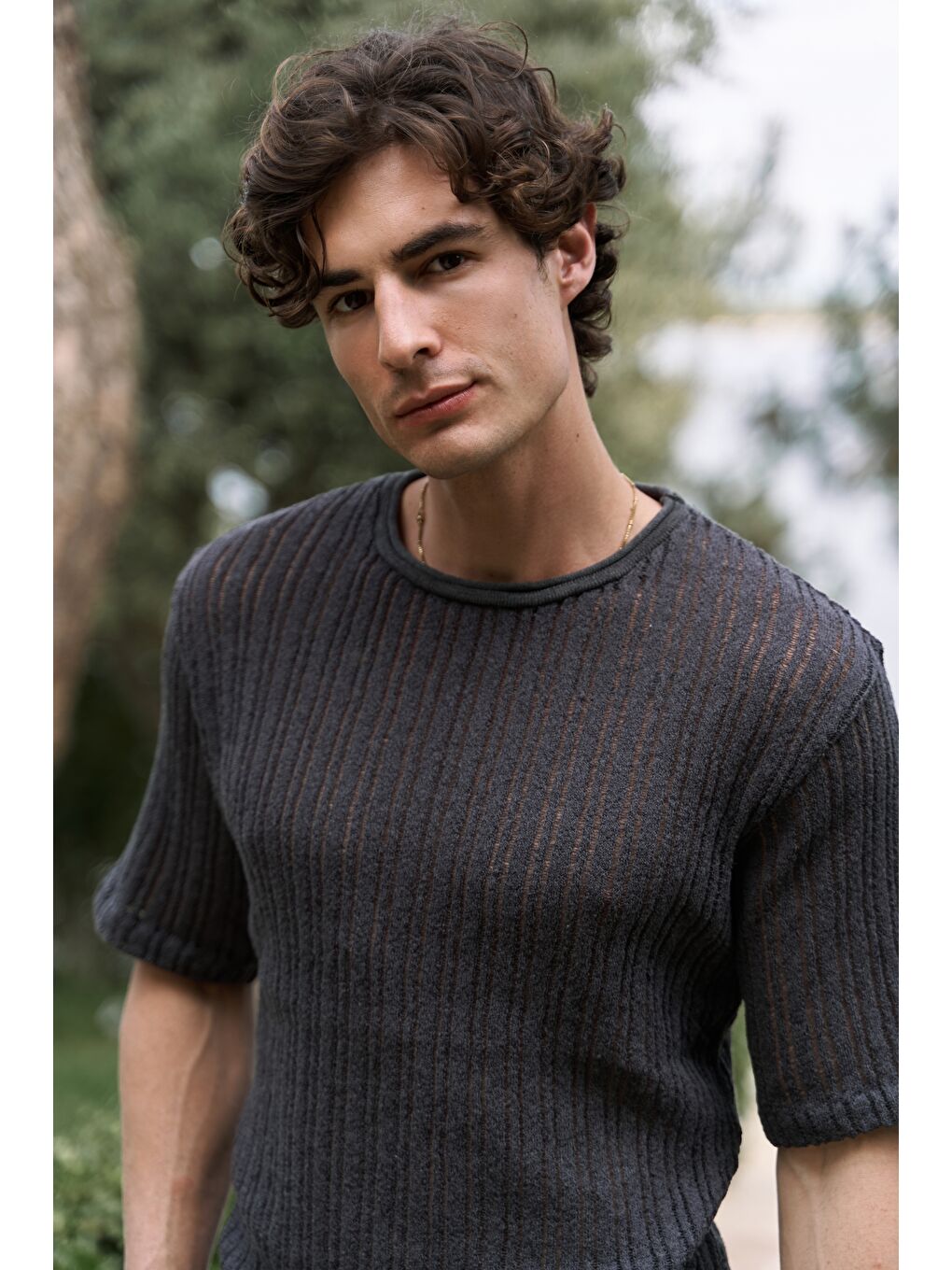 Gri Joseph Erkek Yuvarlak Yaka Füme Triko T-Shirt-5