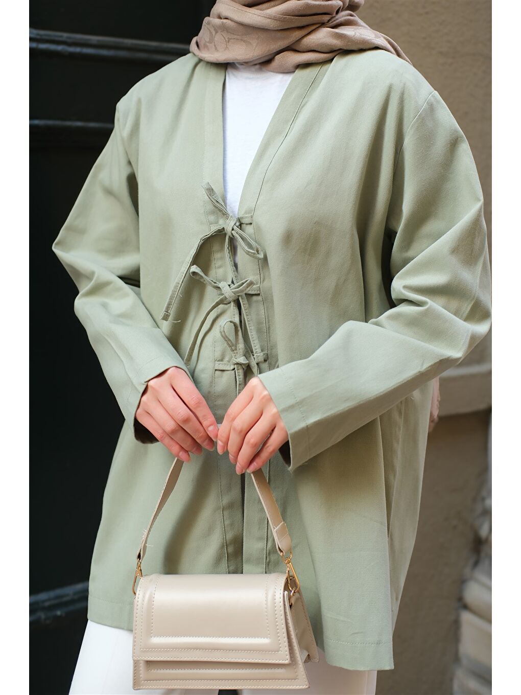 Locco Moda Kadın Önü Bağlamalı Oversize Kimono Mint Yeşil - 3
