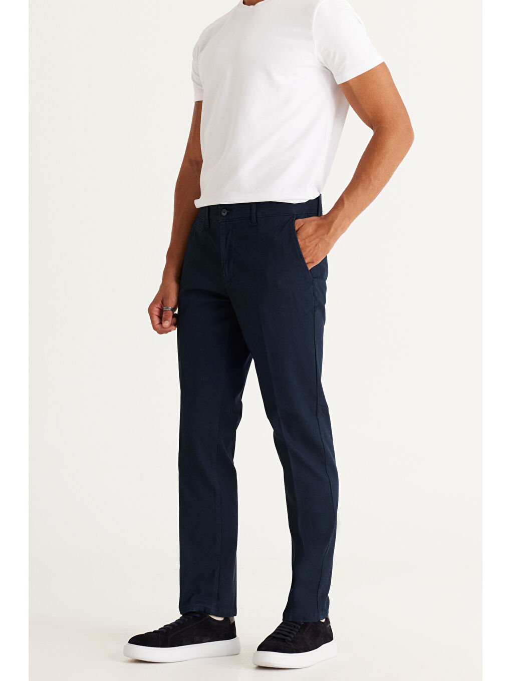 Erkek Lacivert Comfort Fit Rahat Kesim Yan Cep Esnek Armürlü Pantolon-4