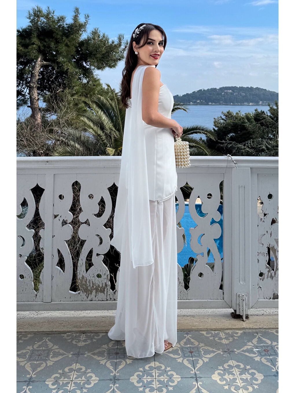 Kadın Beyaz Straplez Şal Yaka Mini Elbise-1