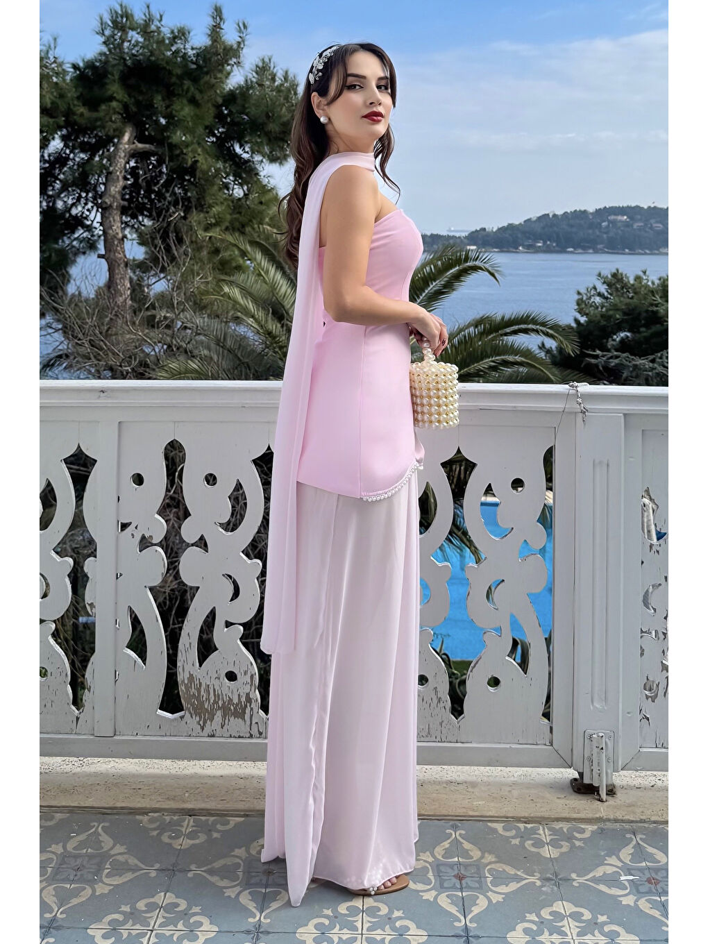 Kadın Pembe Straplez Şal Yaka Mini Elbise-1