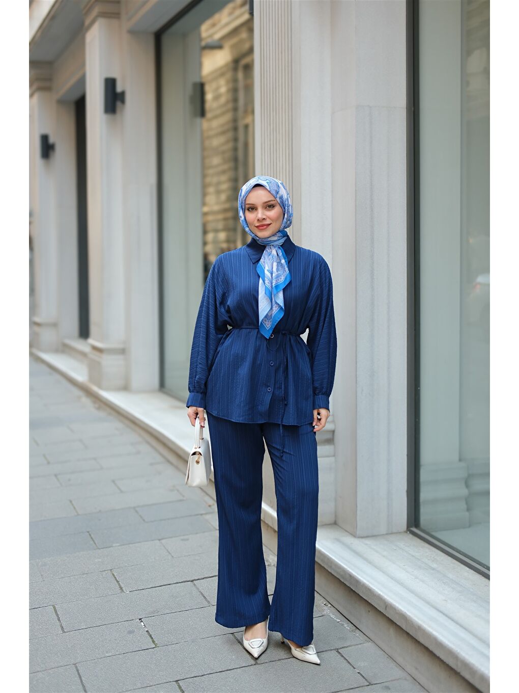 Kadın Krinkıl Kumaş Bel Bağlamalı Takım Lacivert-1