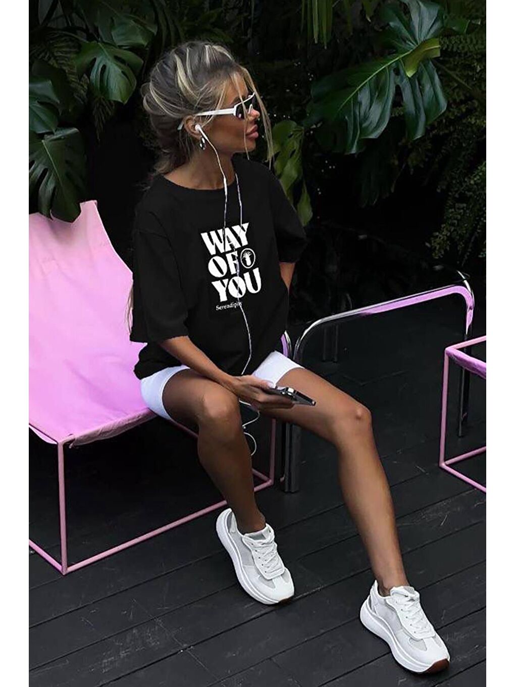 Siyah Baskılı Bisiklet Yaka Overfit Tişört-3