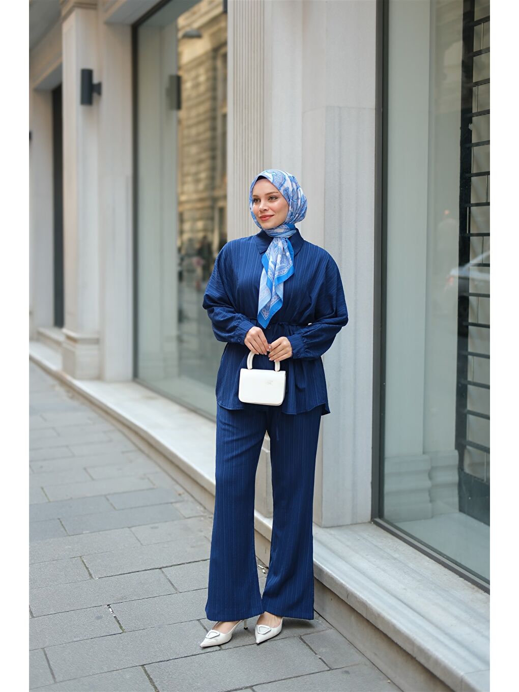 Kadın Krinkıl Kumaş Bel Bağlamalı Takım Lacivert-2