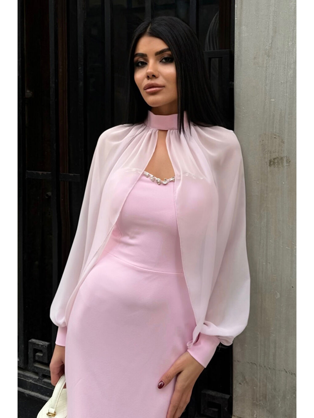 Kadın Pembe Straplez Pelerinli Taş Detay Uzun Davet Elbisesi-2