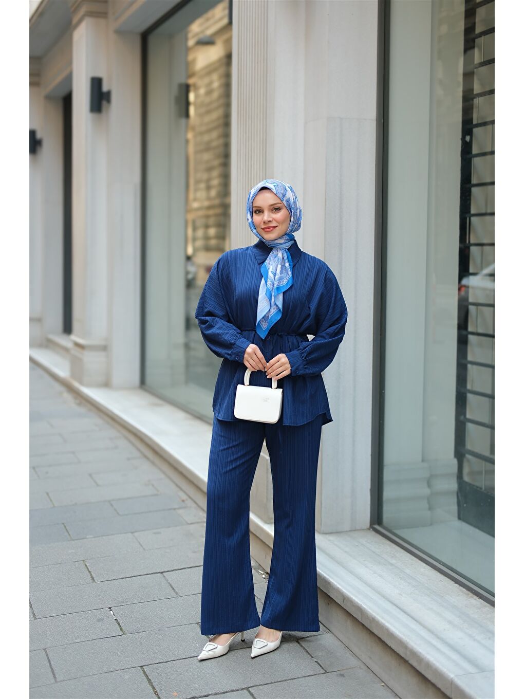 Kadın Krinkıl Kumaş Bel Bağlamalı Takım Lacivert-3