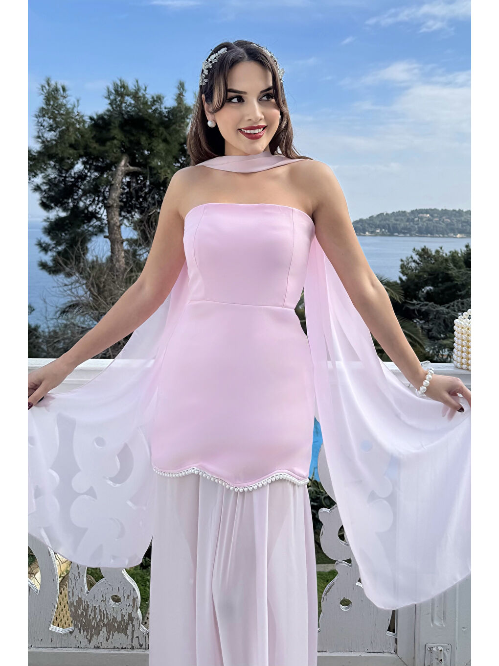 Kadın Pembe Straplez Şal Yaka Mini Elbise-2