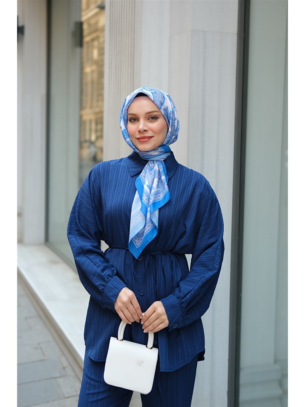 Kadın Krinkıl Kumaş Bel Bağlamalı Takım Lacivert-4