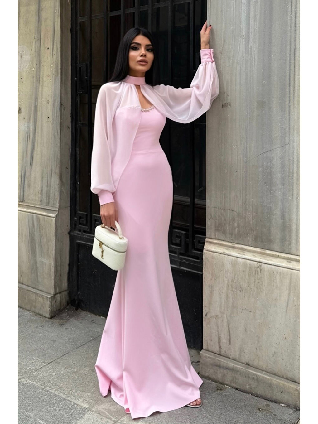 Kadın Pembe Straplez Pelerinli Taş Detay Uzun Davet Elbisesi-3