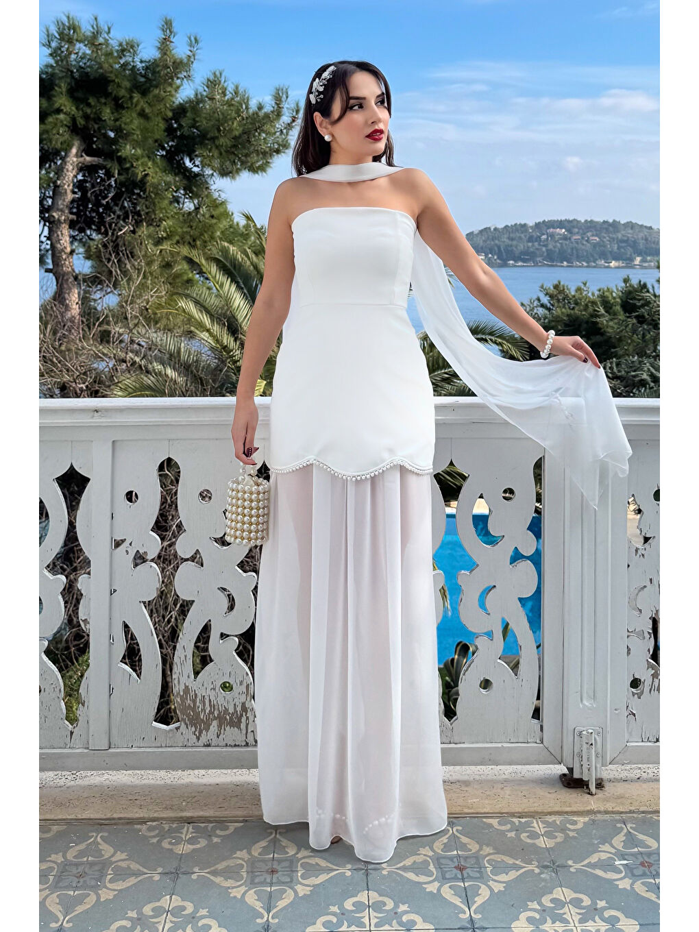 Kadın Beyaz Straplez Şal Yaka Mini Elbise-3