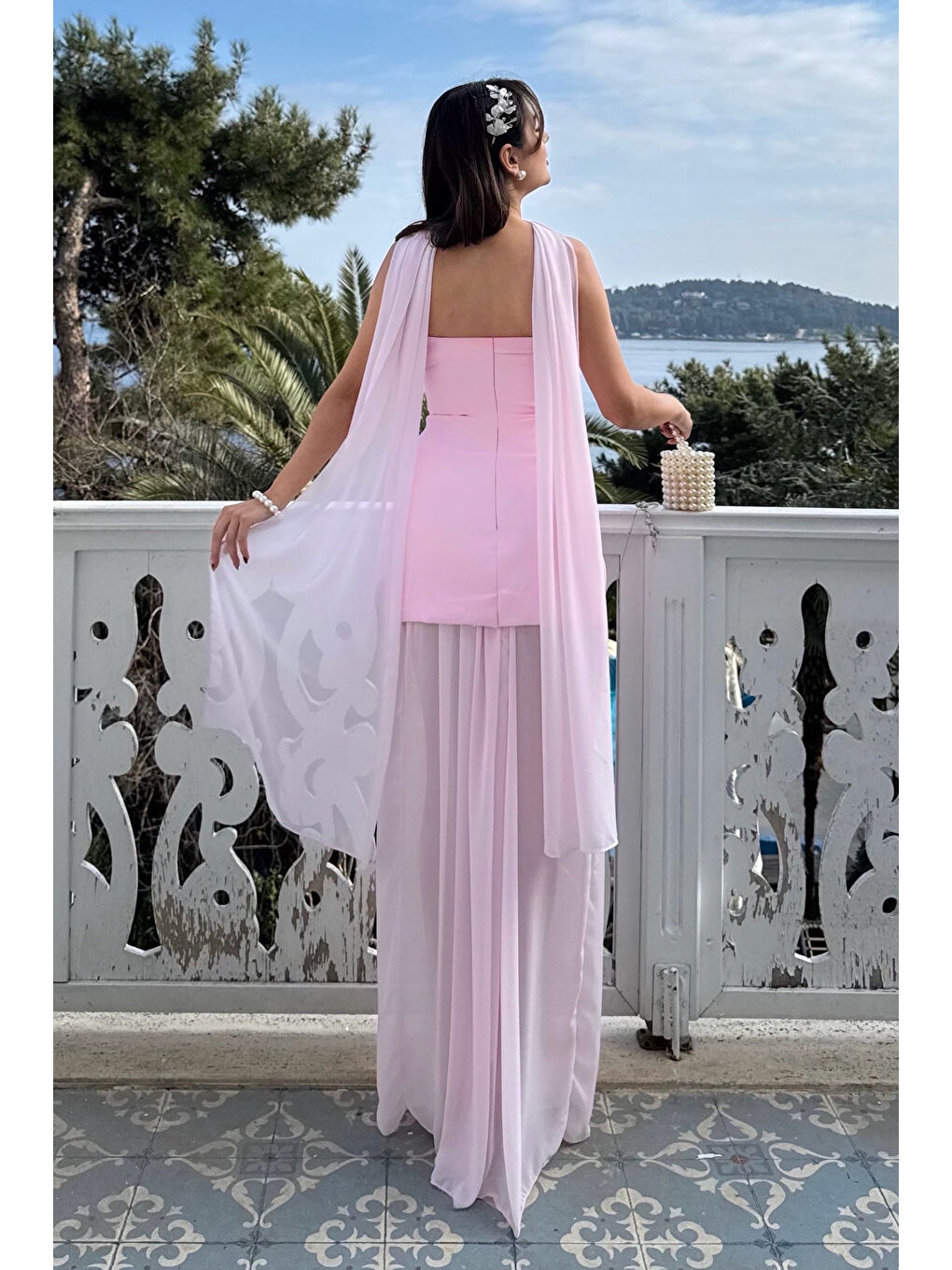 Kadın Pembe Straplez Şal Yaka Mini Elbise-3