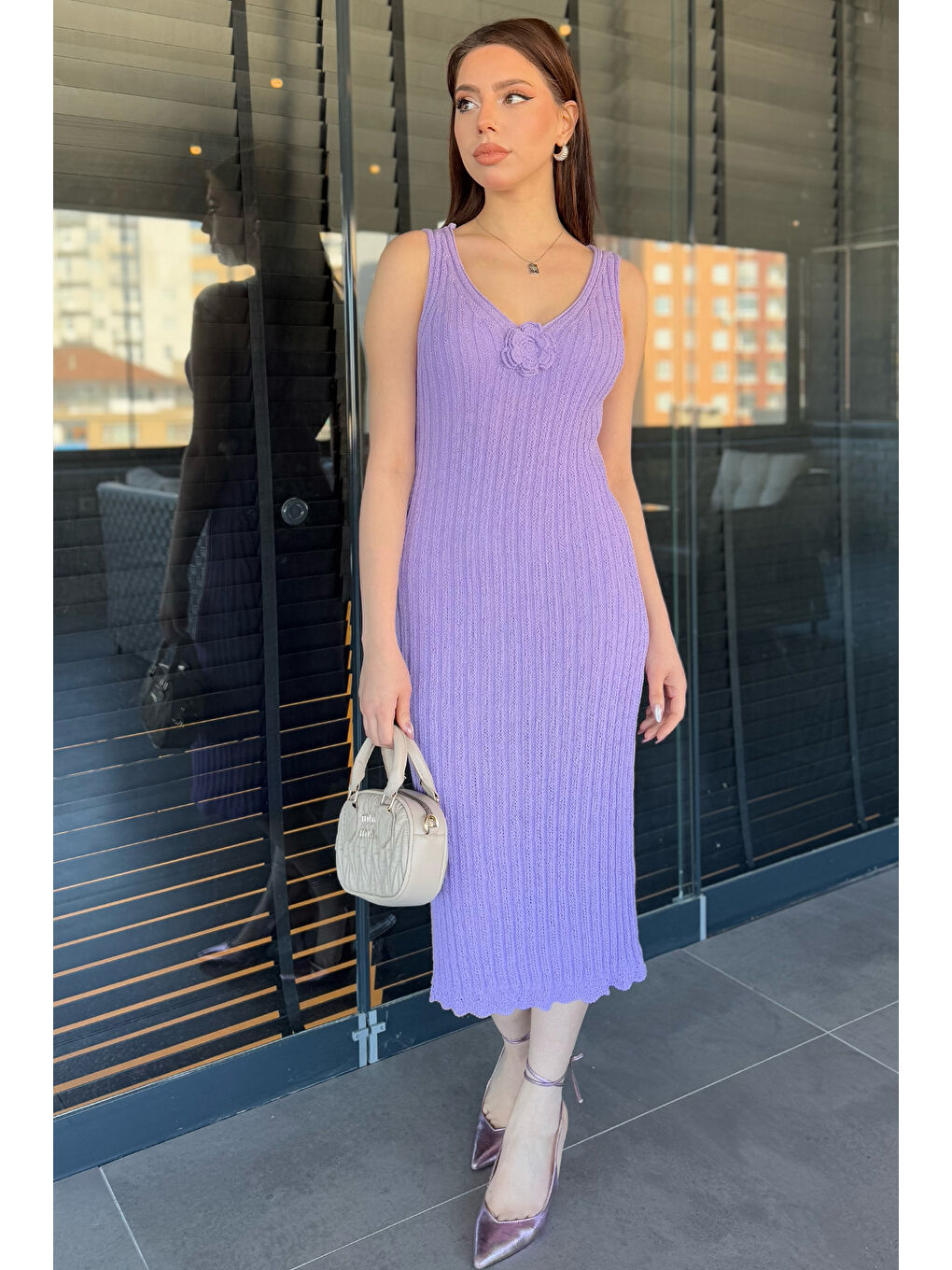 Lila Gül Detaylı Kadın Örme Triko Elbise ( İçlikle Giyilmesi Önerilir)