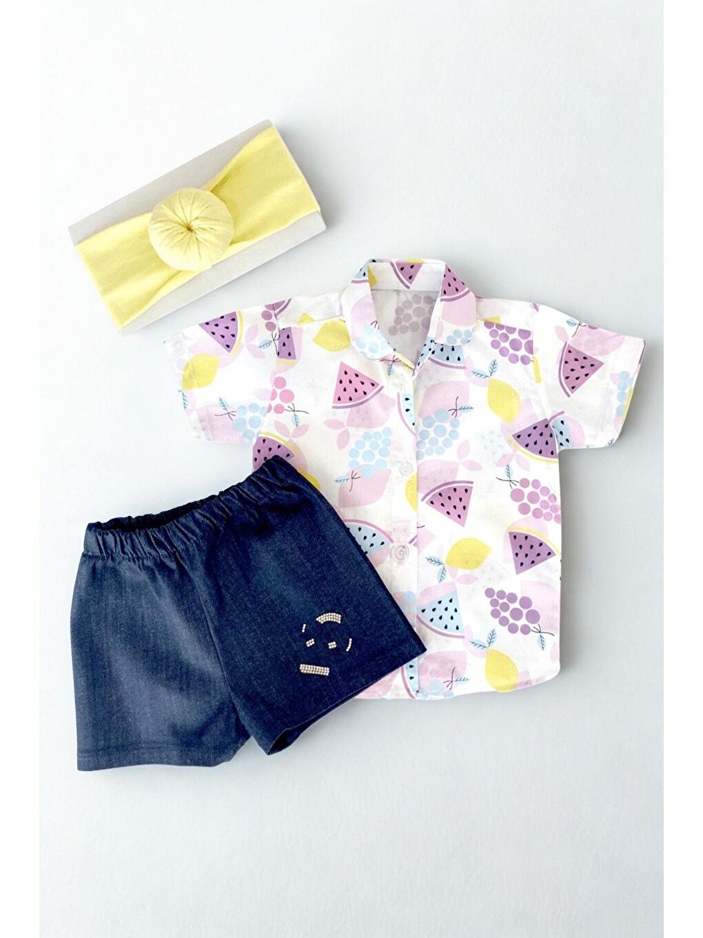 Karışık Kız Çocuk Jean Şort Karpuz Desenli Gömlek Bandana Takım-2