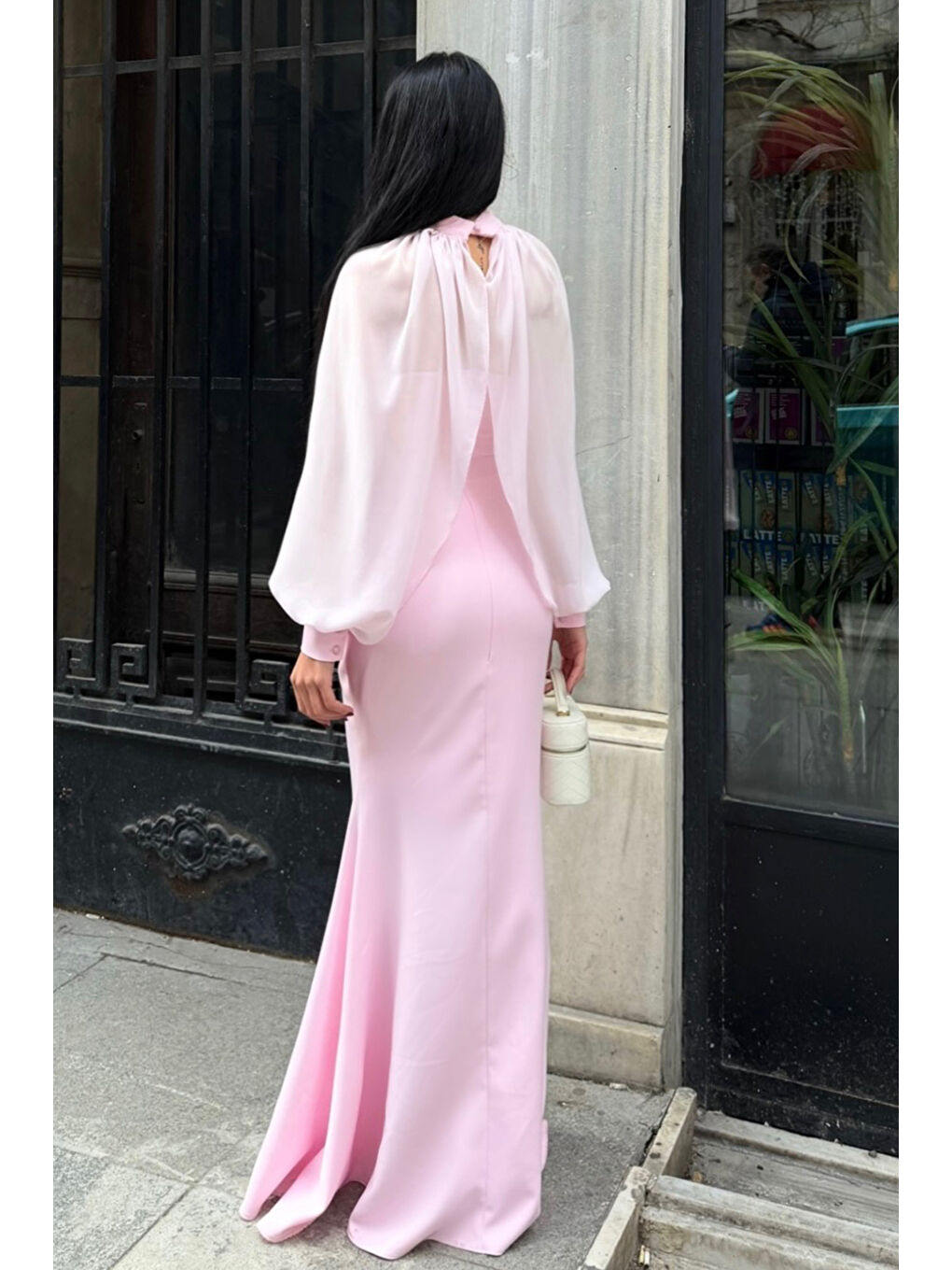 Kadın Pembe Straplez Pelerinli Taş Detay Uzun Davet Elbisesi-5