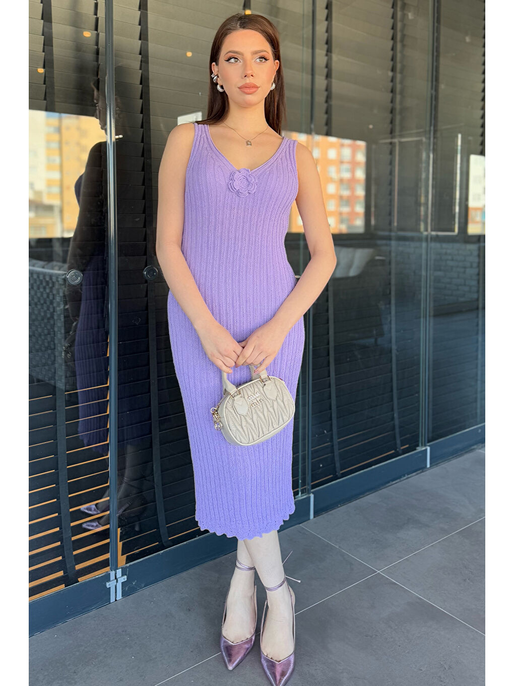 Lila Gül Detaylı Kadın Örme Triko Elbise ( İçlikle Giyilmesi Önerilir)-1