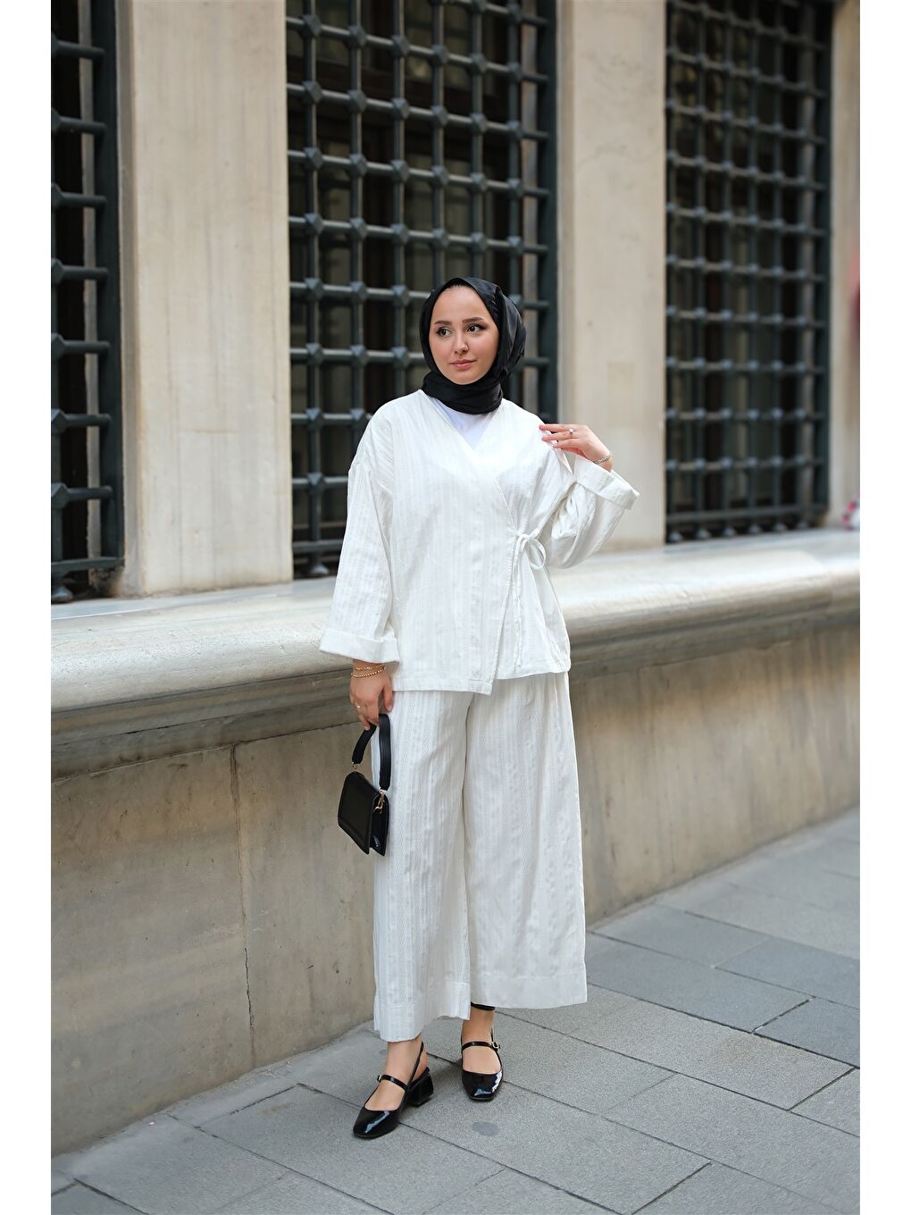 Kadın Badem Dikişli Kimono Takım Beyaz-1