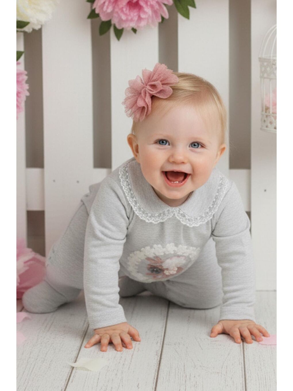 Kız Bebek Çiçek Detay Gri Tulum Toka Takım-2