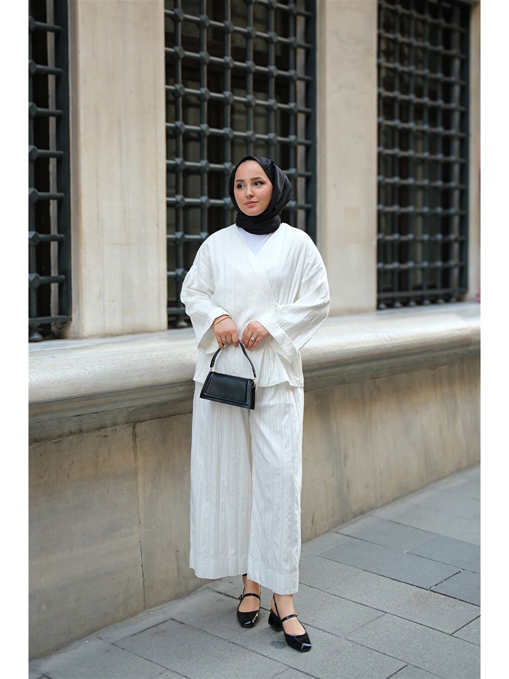 Kadın Badem Dikişli Kimono Takım Beyaz-2