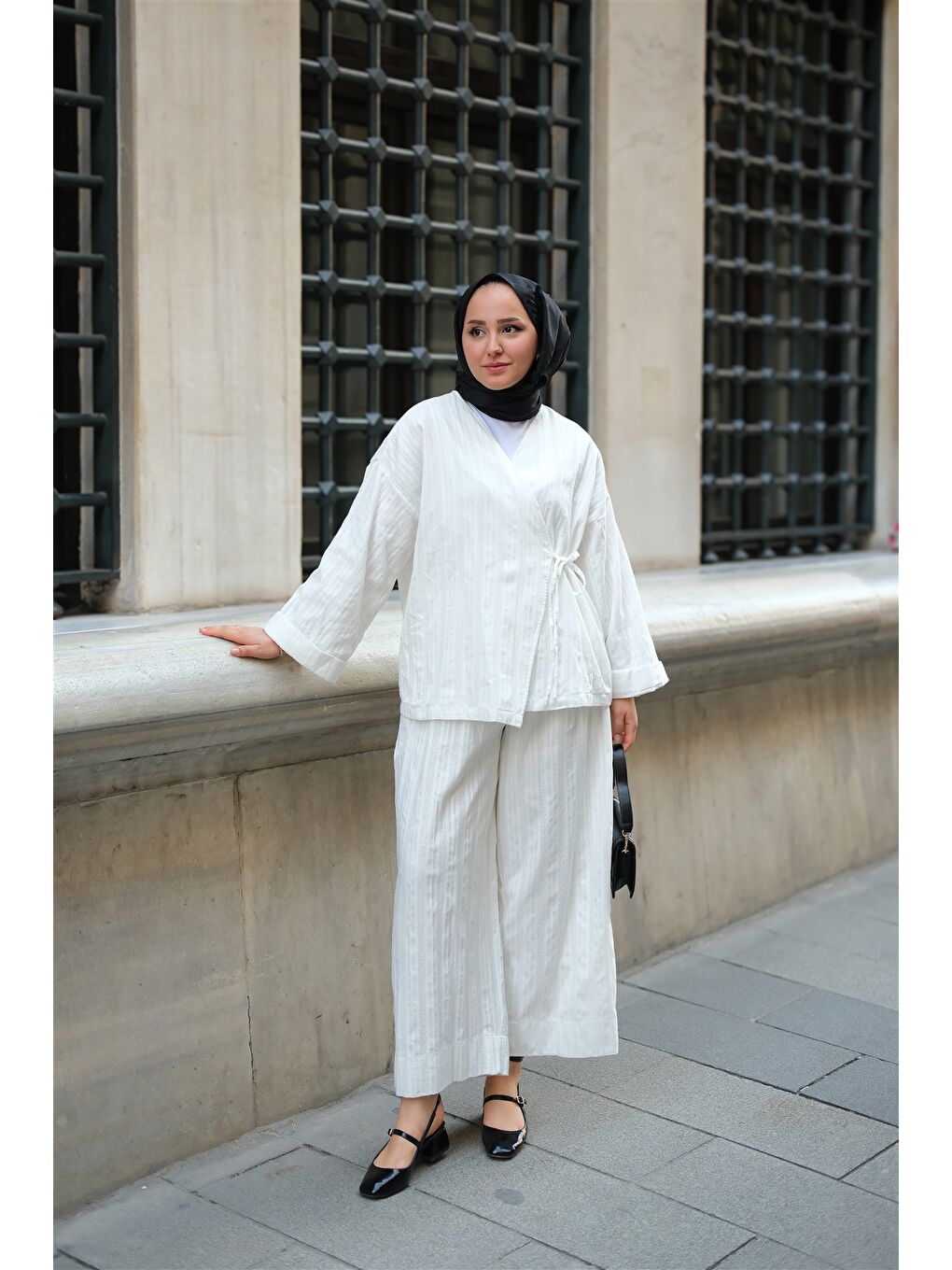 Kadın Badem Dikişli Kimono Takım Beyaz-3