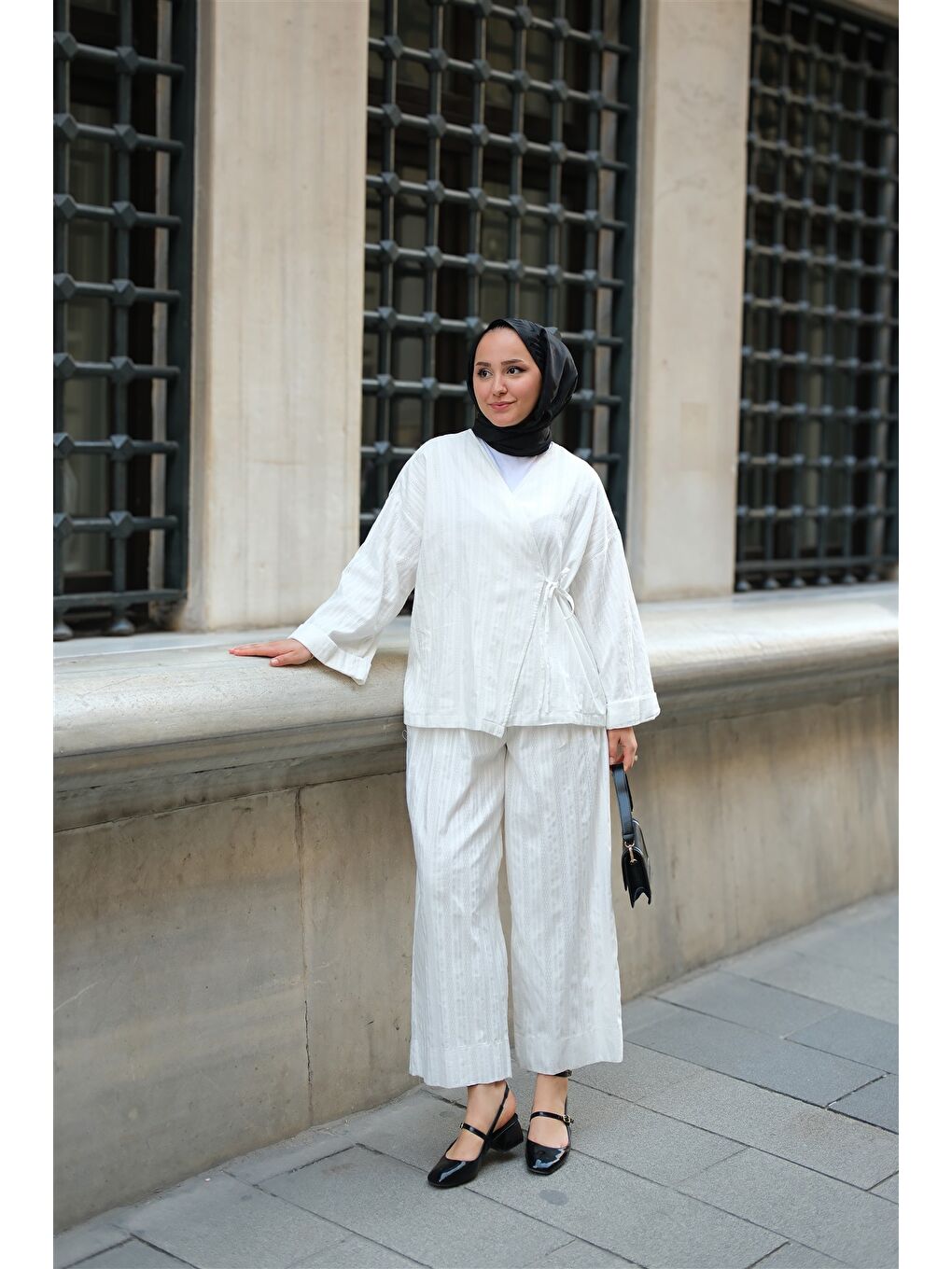 Kadın Badem Dikişli Kimono Takım Beyaz-4