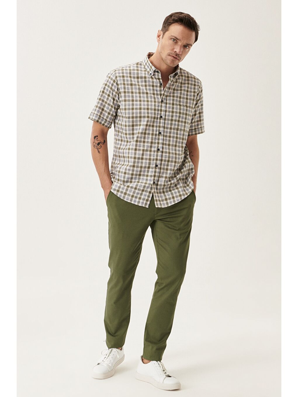 Erkek Haki Kanvas Slim Fit Dar Kesim Yan Cep Chino Pantolon-2